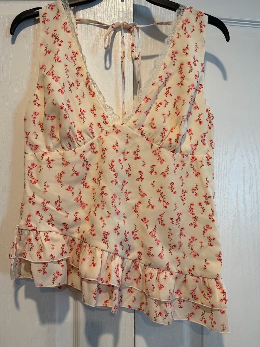 wild fable Cream Floral Ruffle Tank with Red Accent